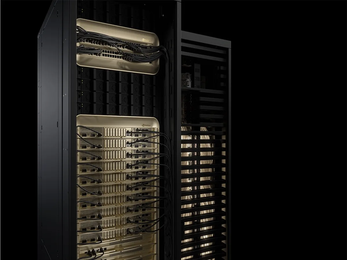 Blackwell Ultra NVL72 rack, seventy-two GPUs on one liquid-cooled spine